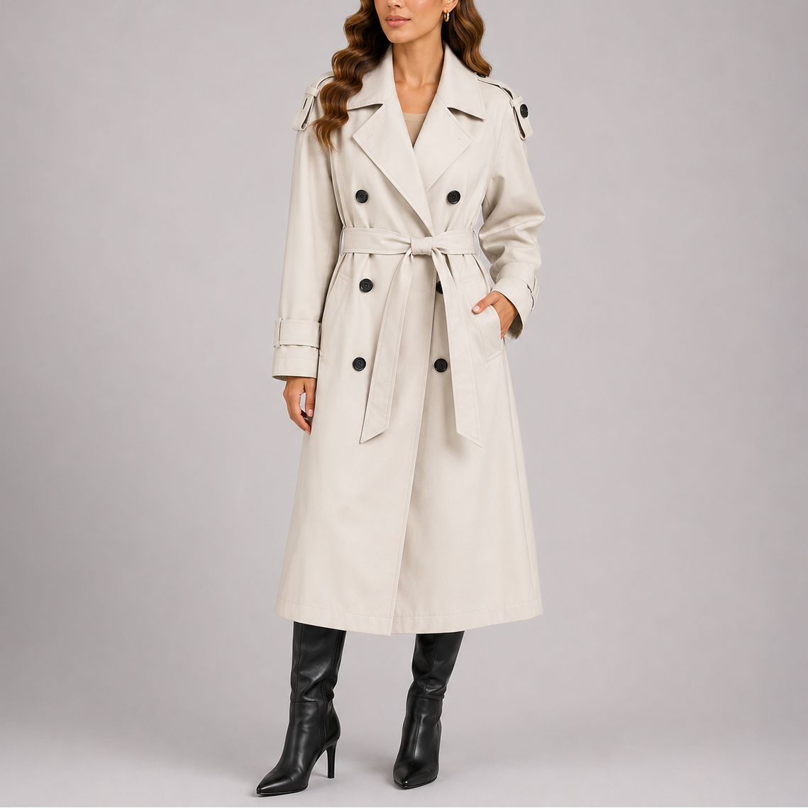 Talia Women's Tailored Trench Coat featuring a double-breasted design and a stylish waist belt, perfect for elegant layering in any season. 3