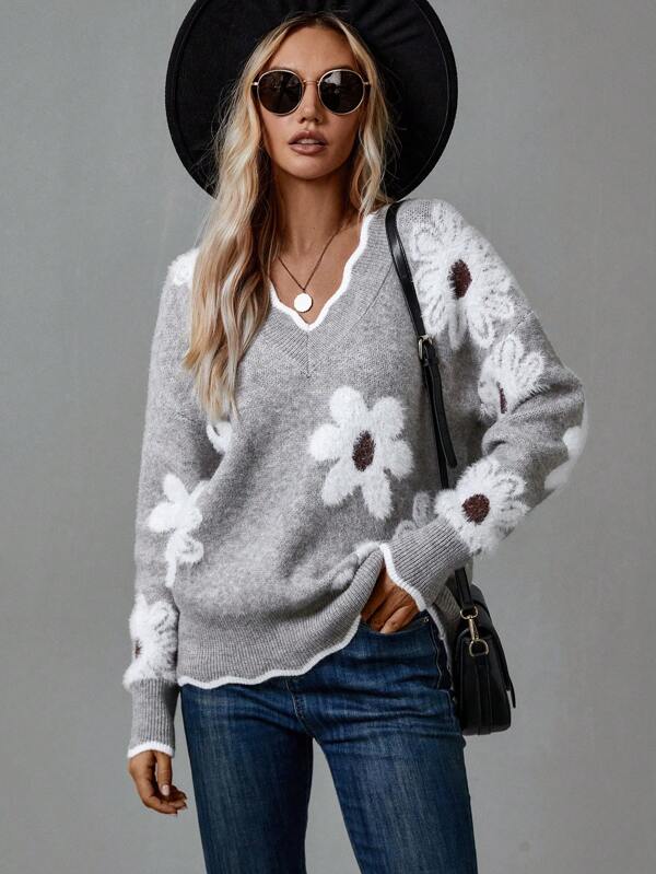 Elegant Talli Women’s Jumper featuring a stylish V-neckline and a beautiful floral design, perfect for casual or semi-formal occasions. 2