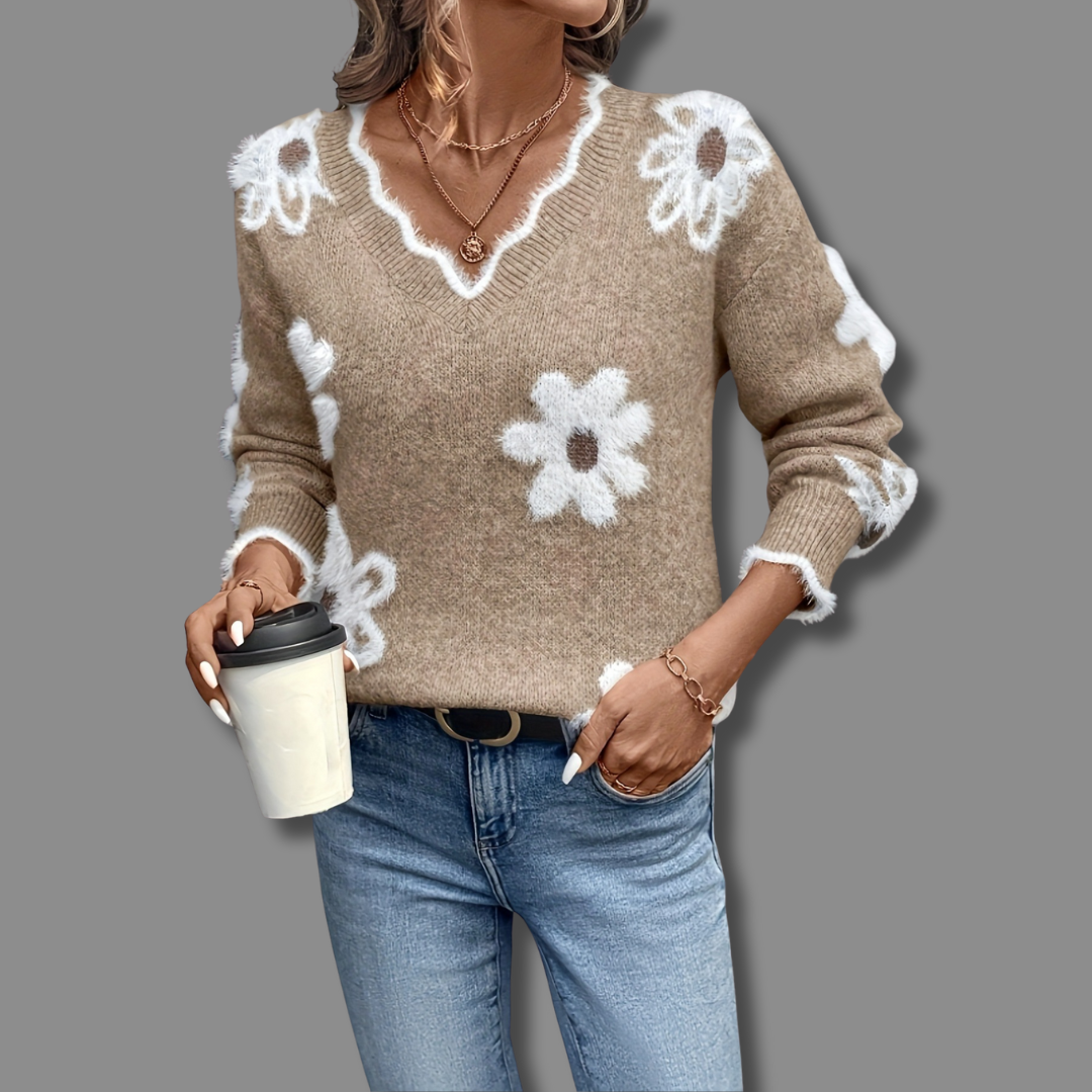 Elegant Talli Women’s Jumper featuring a stylish V-neckline and a beautiful floral design, perfect for casual or semi-formal occasions. 3