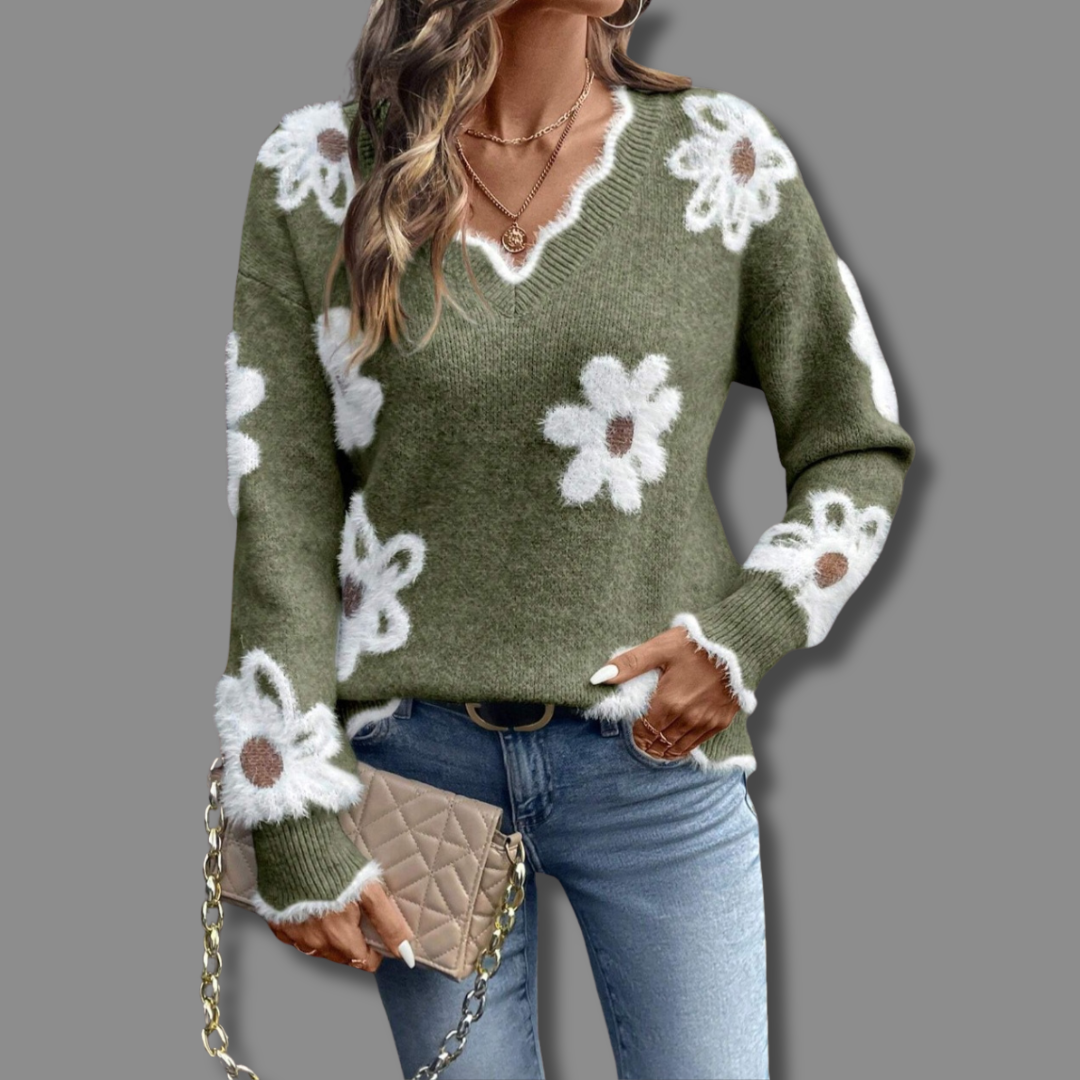 Elegant Talli Women’s Jumper featuring a stylish V-neckline and a beautiful floral design, perfect for casual or semi-formal occasions. 4