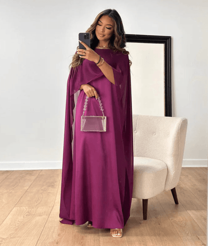 Tara Maxi Abaya featuring elegant draped cape sleeves in a luxurious rich plum color, perfect for stylish modest wear. 5