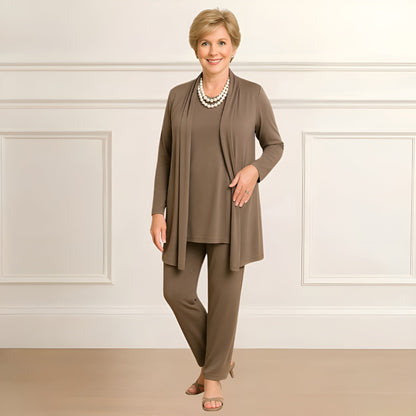 Tara Women’s Outfit Set featuring a stylish long sleeve top, open-front cardigan, and comfortable straight leg pants, perfect for casual or professional wear. 0