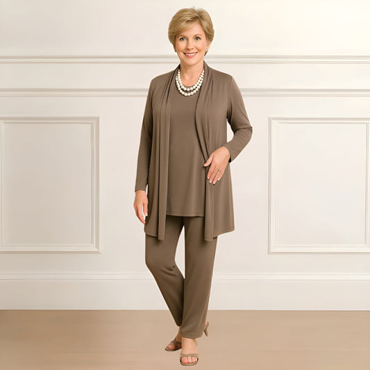 Tara Women’s Outfit Set featuring a stylish long sleeve top, open-front cardigan, and comfortable straight leg pants, perfect for casual or professional wear. 0