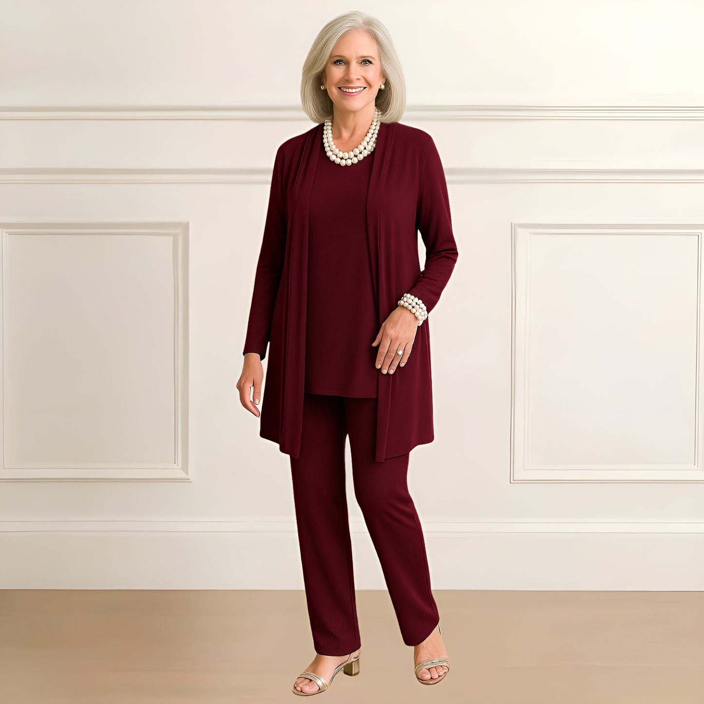Tara Women’s Outfit Set featuring a stylish long sleeve top, open-front cardigan, and comfortable straight leg pants, perfect for casual or professional wear. 1