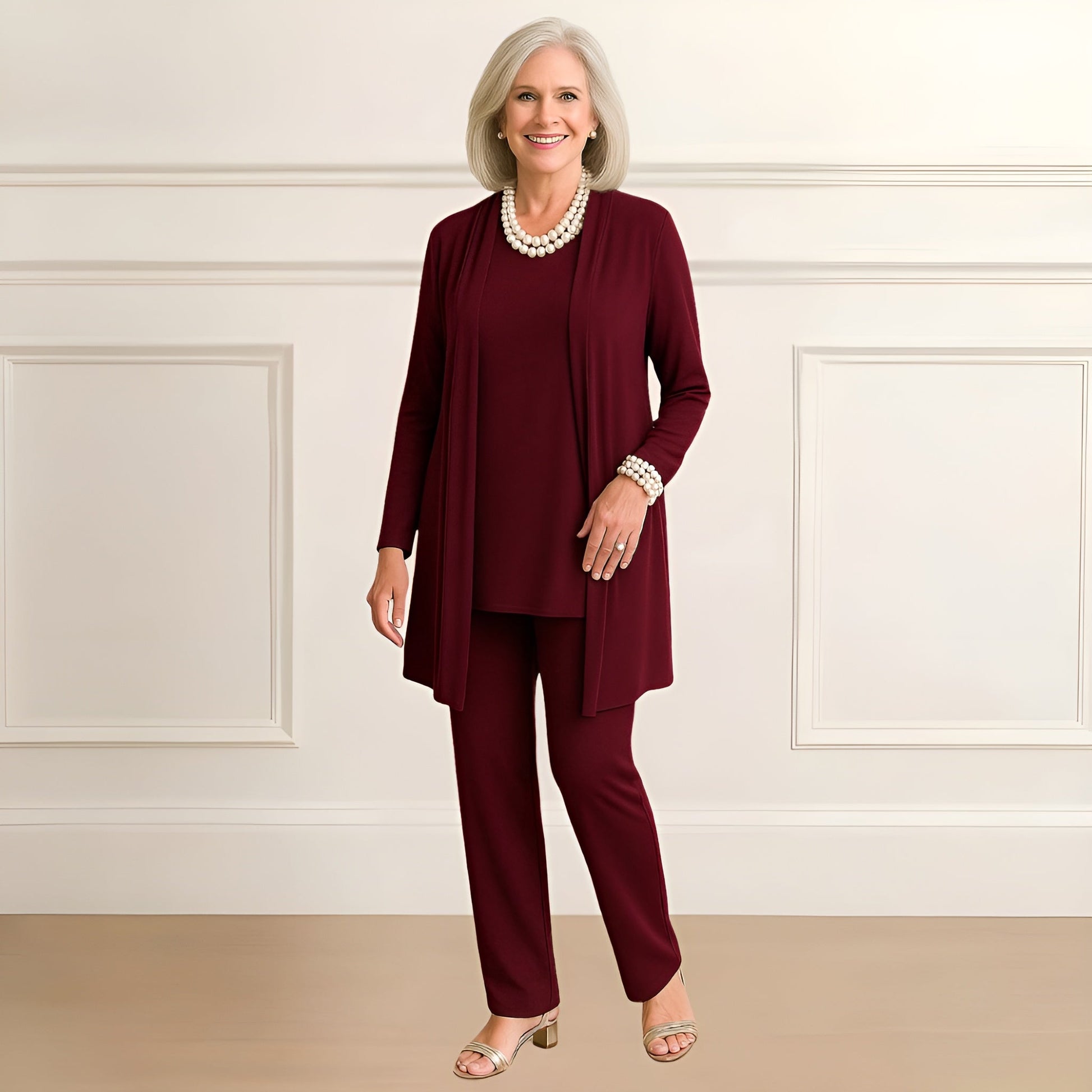 Tara Women’s Outfit Set featuring a stylish long sleeve top, open-front cardigan, and comfortable straight leg pants, perfect for casual or professional wear. 1