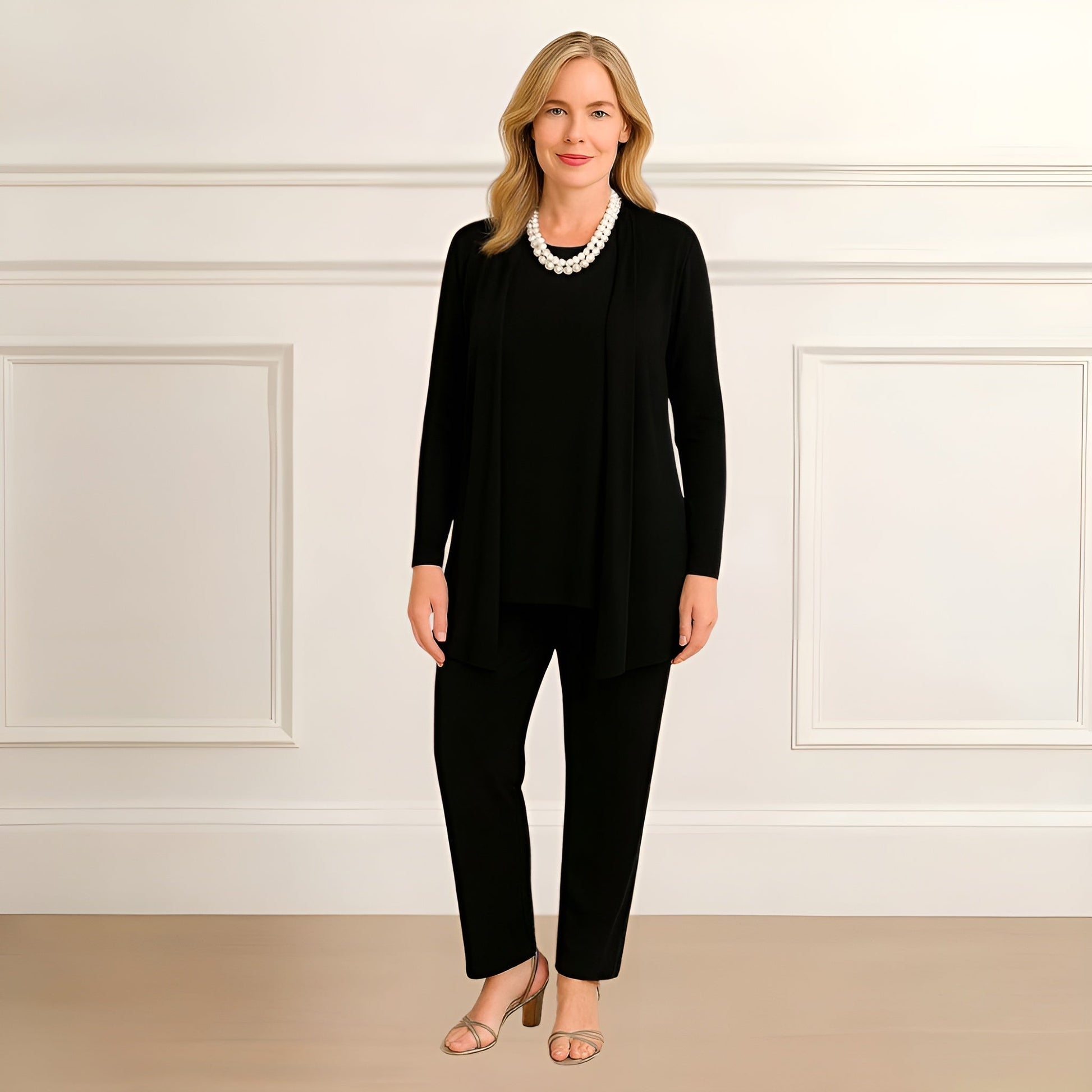 Tara Women’s Outfit Set featuring a stylish long sleeve top, open-front cardigan, and comfortable straight leg pants, perfect for casual or professional wear. 2