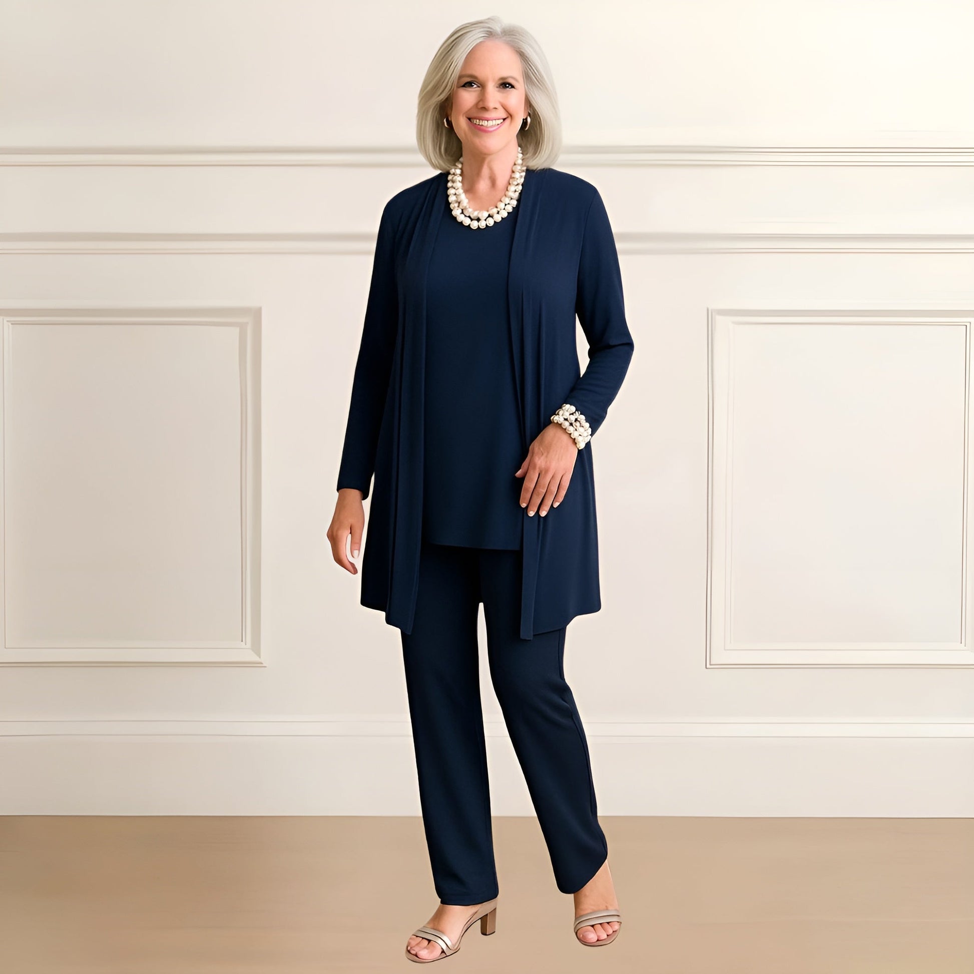 Tara Women’s Outfit Set featuring a stylish long sleeve top, open-front cardigan, and comfortable straight leg pants, perfect for casual or professional wear. 3