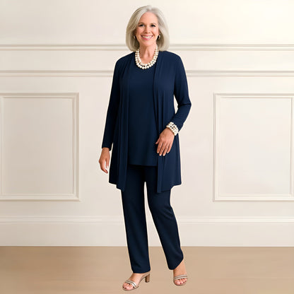 Tara Women’s Outfit Set featuring a stylish long sleeve top, open-front cardigan, and comfortable straight leg pants, perfect for casual or professional wear. 3