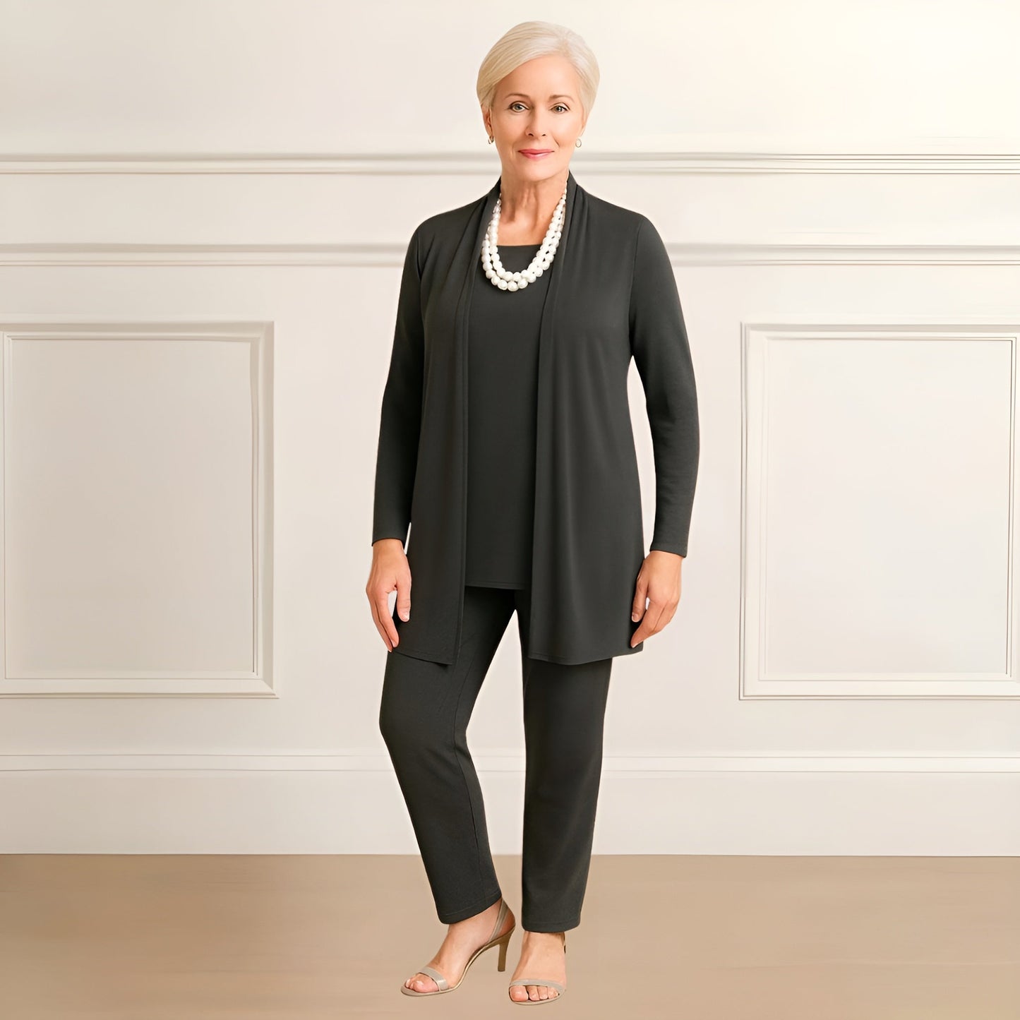 Tara Women’s Outfit Set featuring a stylish long sleeve top, open-front cardigan, and comfortable straight leg pants, perfect for casual or professional wear. 4