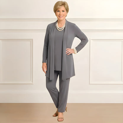 Tara Women’s Outfit Set featuring a stylish long sleeve top, open-front cardigan, and comfortable straight leg pants, perfect for casual or professional wear. 5