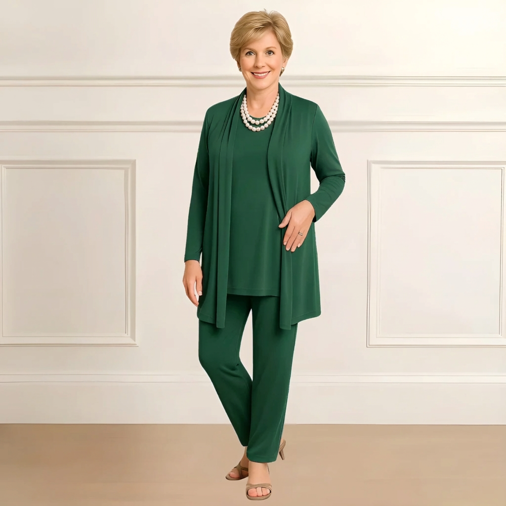 Tara Women’s Outfit Set featuring a stylish long sleeve top, open-front cardigan, and comfortable straight leg pants, perfect for casual or professional wear. 6