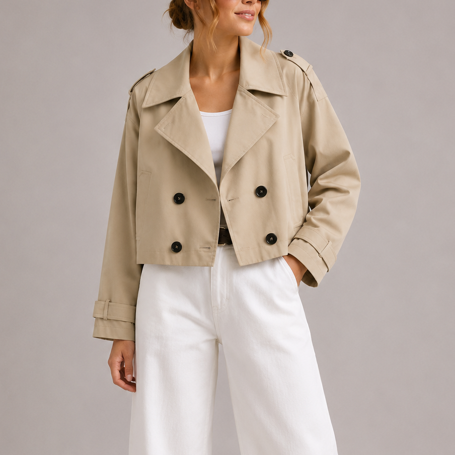 Tressa Women's Trench Coat featuring a stylish cropped fit and oversized lapels, ideal for chic layering and fashionable outerwear. 2