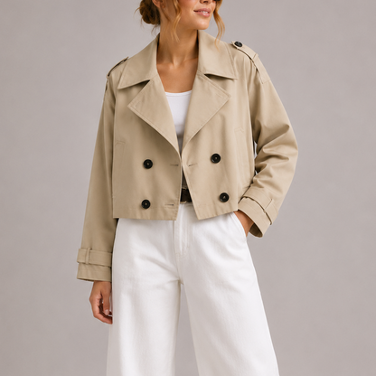 Tressa Women's Trench Coat featuring a stylish cropped fit and oversized lapels, ideal for chic layering and fashionable outerwear. 2