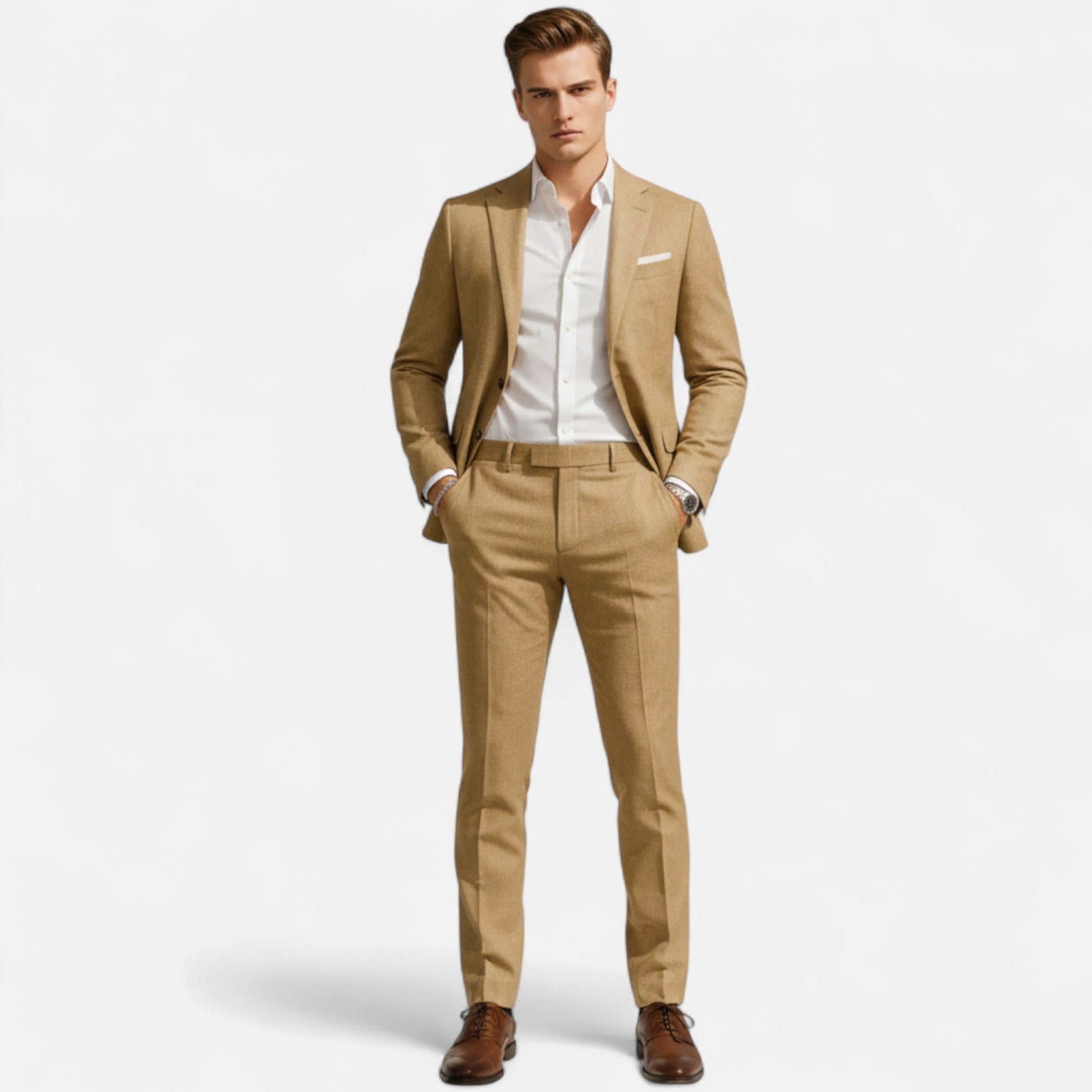 Valmonti Men's Suit featuring a lightweight breathable design and relaxed silhouette, perfect for comfort and style in any formal setting. 1