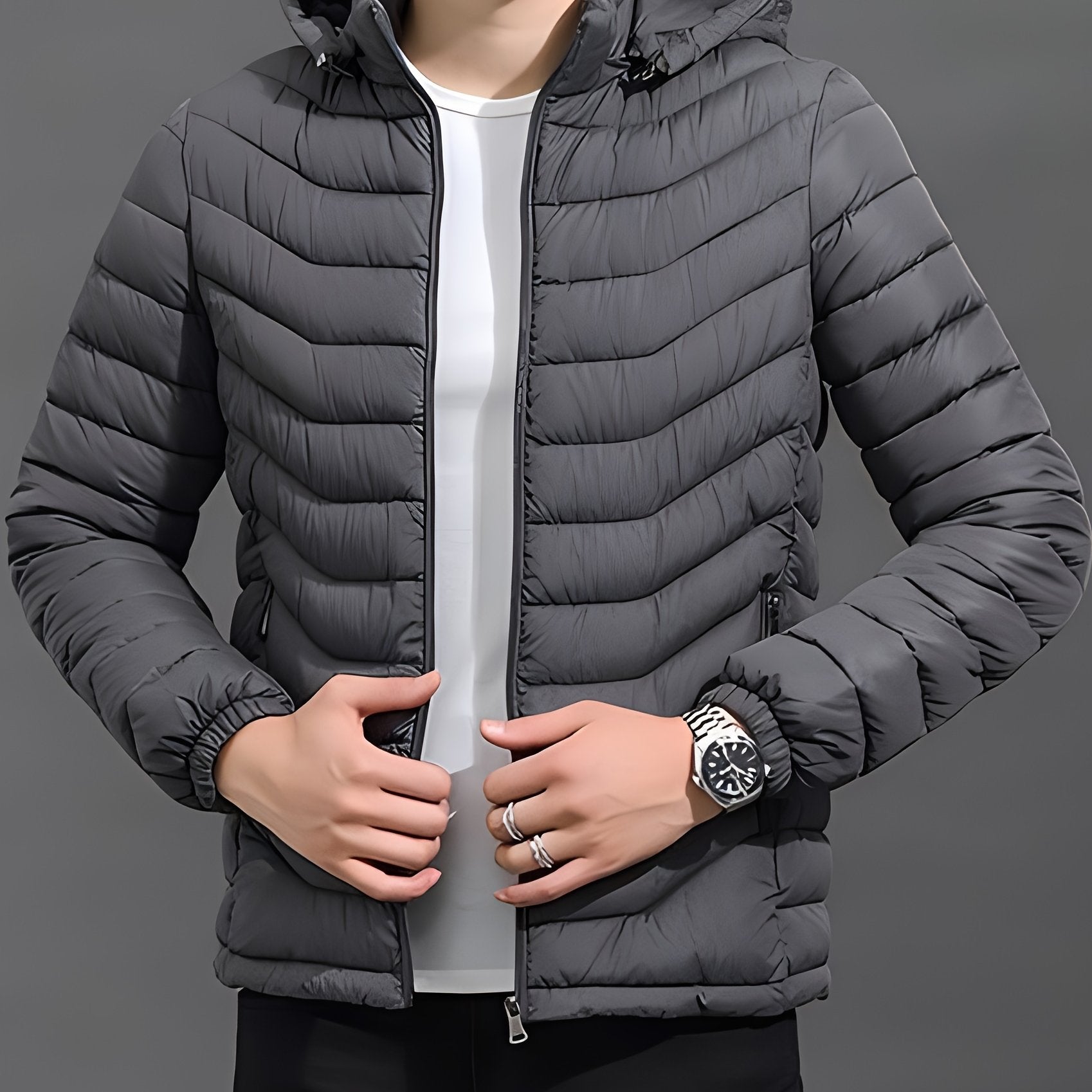 Vance Men's Hooded Padded Jacket featuring a lightweight design, removable hood, and stylish warmth for outdoor activities. 5