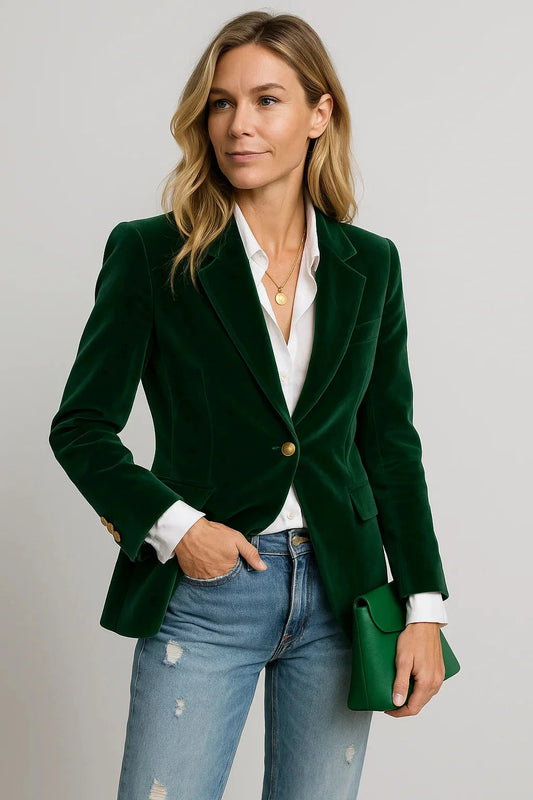 Vera Women's Blazer featuring a one-button closure and an elegant velvet finish, perfect for stylish office wear or formal occasions. 0