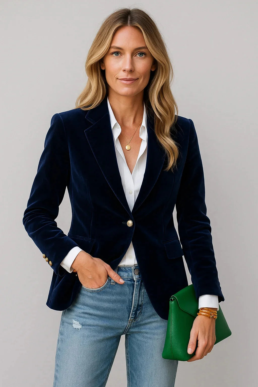 Vera Women's Blazer featuring a one-button closure and an elegant velvet finish, perfect for stylish office wear or formal occasions. 2