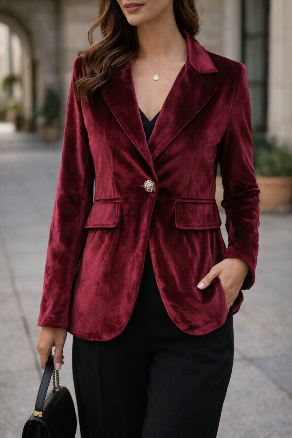 Vera Women's Blazer featuring a one-button closure and an elegant velvet finish, perfect for stylish office wear or formal occasions. 3