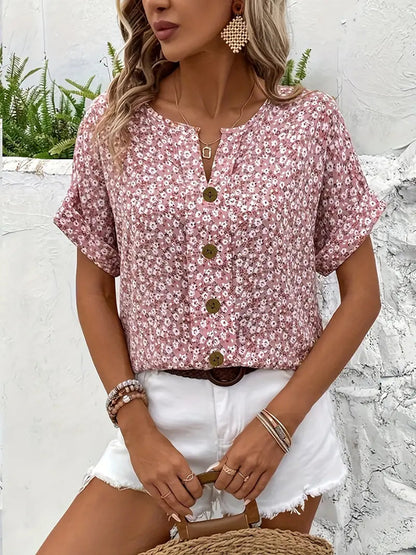 Vera Women’s Blouse featuring a vibrant floral print and stylish button-up design, perfect for casual or formal occasions. 2