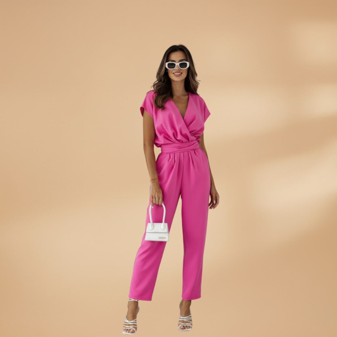 Vera Women's Jumpsuit featuring a stylish V-neckline, flattering waist belt, and comfortable straight leg design, perfect for any occasion. 0