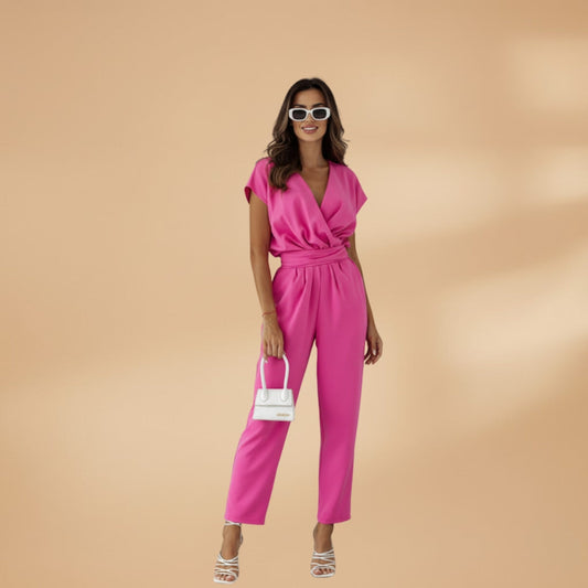 Vera Women's Jumpsuit featuring a stylish V-neckline, flattering waist belt, and comfortable straight leg design, perfect for any occasion. 0