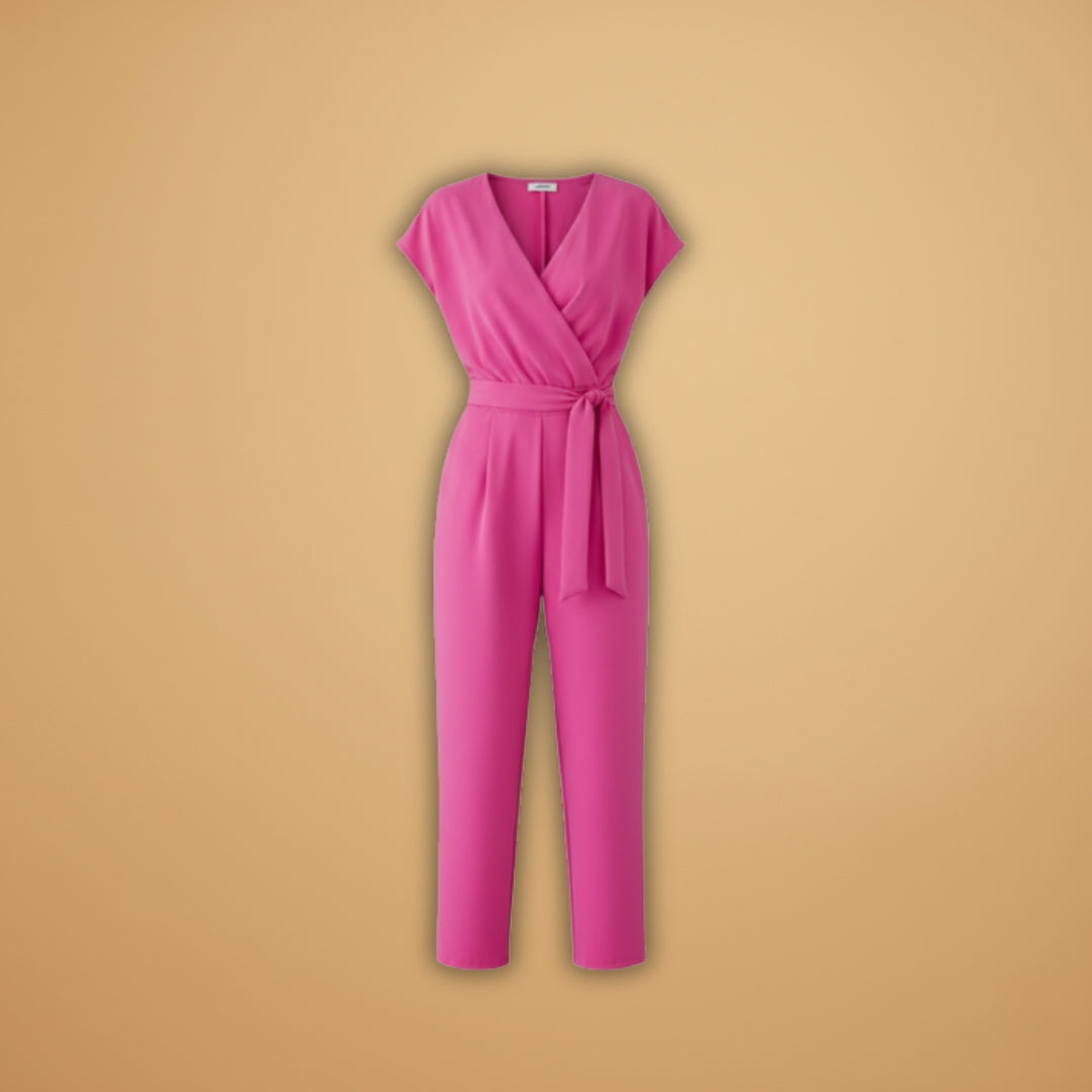 Vera Women's Jumpsuit featuring a stylish V-neckline, flattering waist belt, and comfortable straight leg design, perfect for any occasion. 1