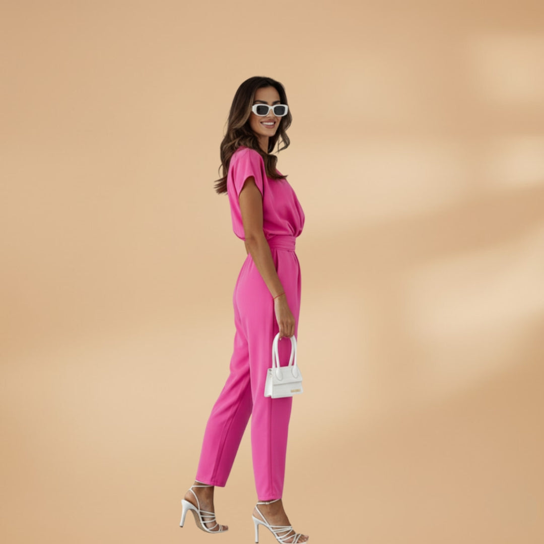Vera Women's Jumpsuit featuring a stylish V-neckline, flattering waist belt, and comfortable straight leg design, perfect for any occasion. 2