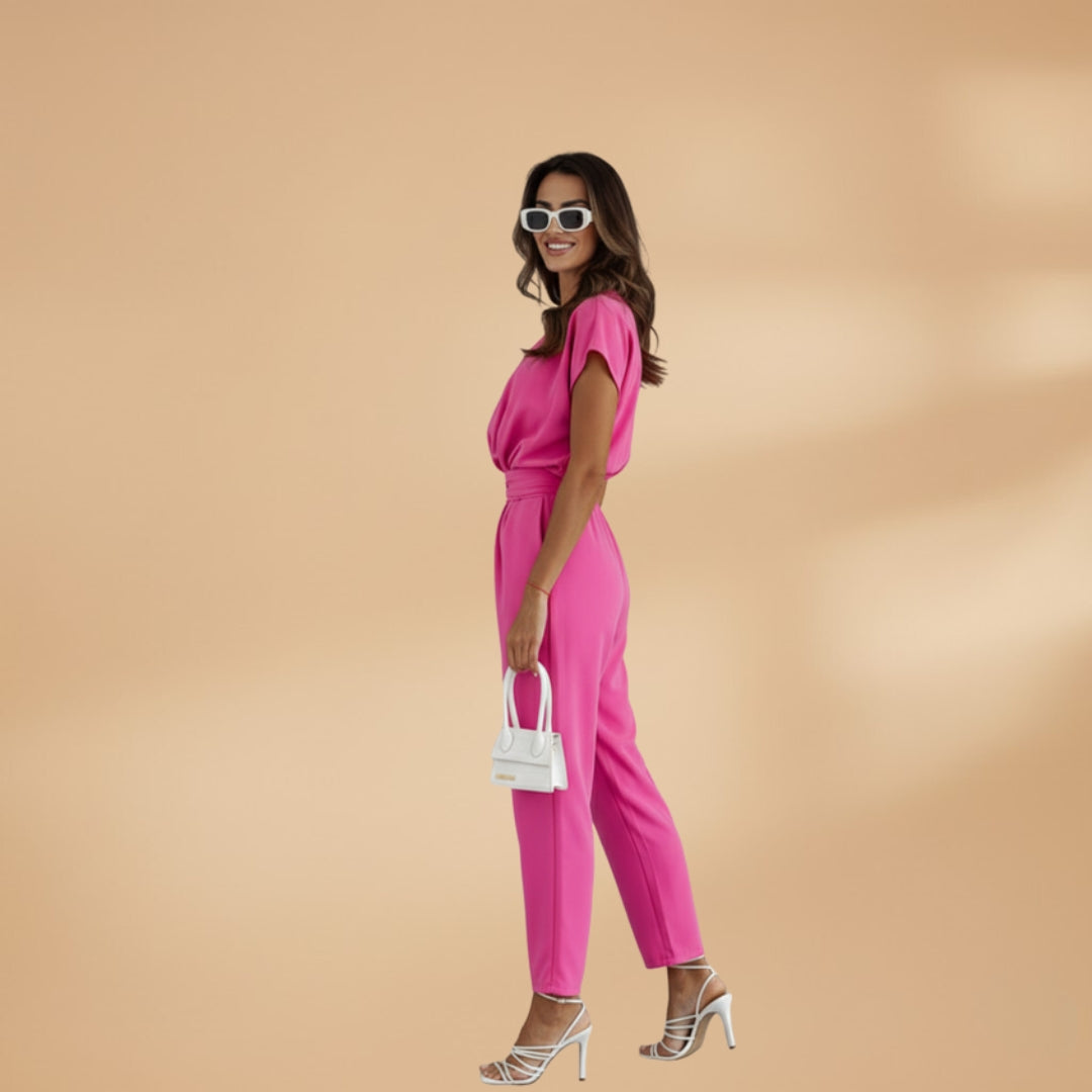 Vera Women's Jumpsuit featuring a stylish V-neckline, flattering waist belt, and comfortable straight leg design, perfect for any occasion. 3