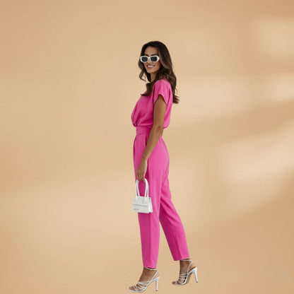 Vera Women's Jumpsuit featuring a stylish V-neckline, flattering waist belt, and comfortable straight leg design, perfect for any occasion. 3