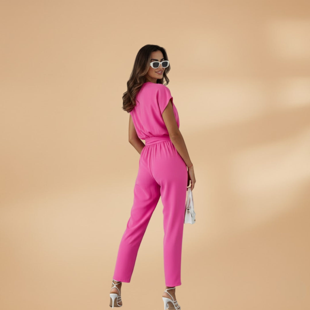 Vera Women's Jumpsuit featuring a stylish V-neckline, flattering waist belt, and comfortable straight leg design, perfect for any occasion. 4