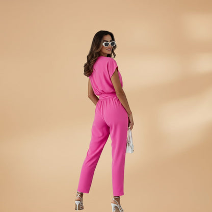 Vera Women's Jumpsuit featuring a stylish V-neckline, flattering waist belt, and comfortable straight leg design, perfect for any occasion. 4