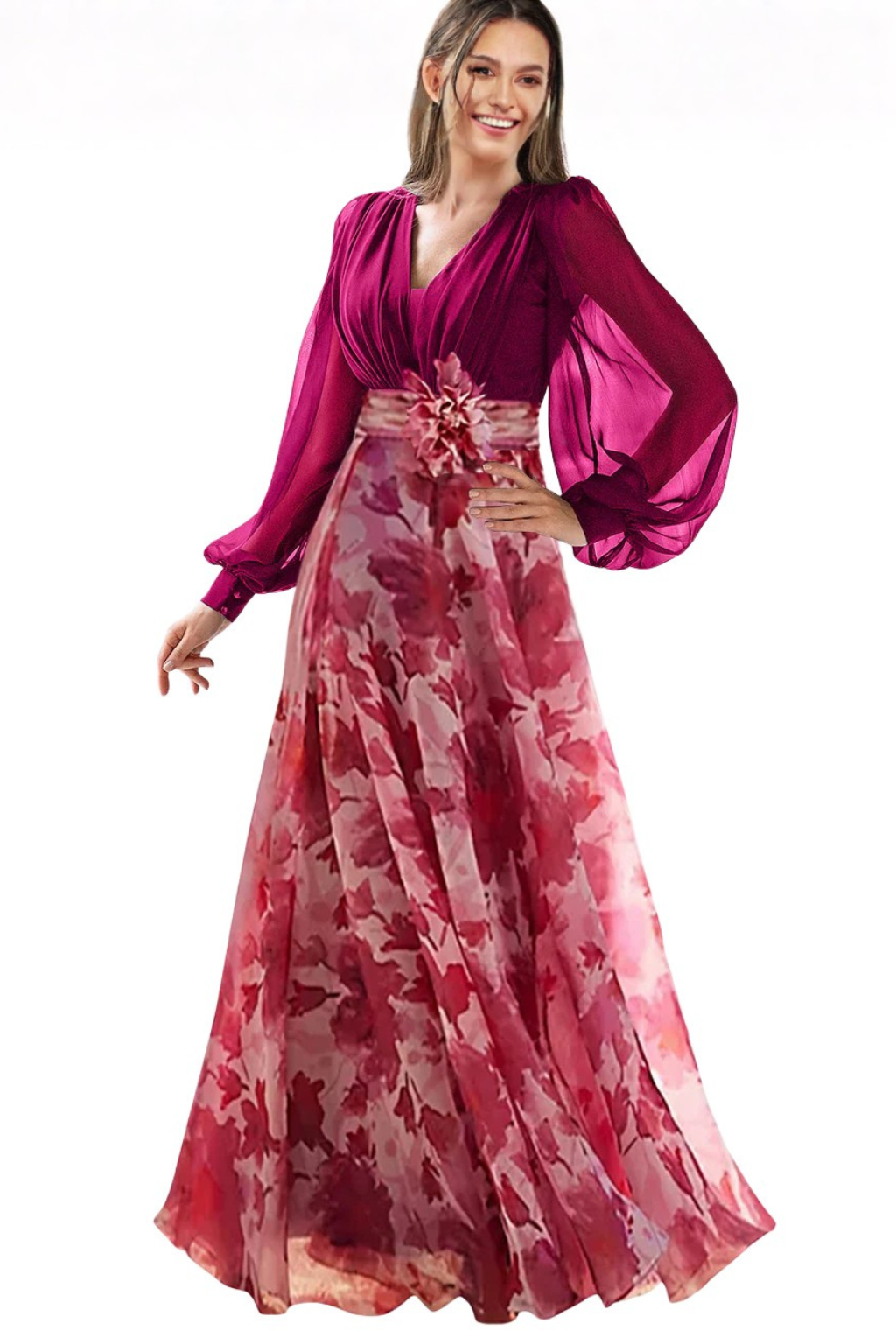 Vera Women's Maxi Dress featuring a stylish V neckline and elegant balloon sleeves, perfect for summer outings and special occasions. 5