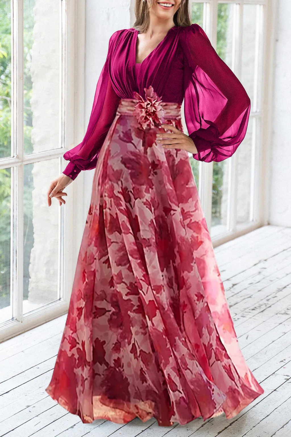 Vera Women's Maxi Dress featuring a stylish V neckline and elegant balloon sleeves, perfect for summer outings and special occasions. 6