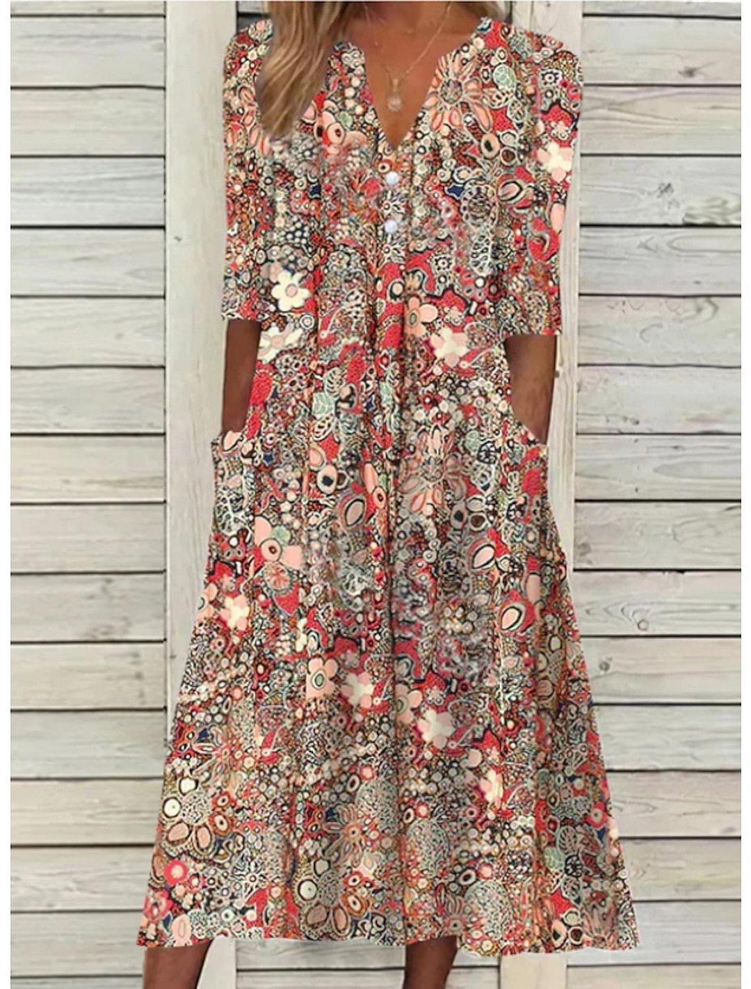 Vera Women’s Midi Dress featuring a stylish V-neck, 3/4 sleeves, and convenient side pockets, perfect for casual or semi-formal 0