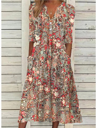 Vera Women’s Midi Dress featuring a stylish V-neck, 3/4 sleeves, and convenient side pockets, perfect for casual or semi-formal 0