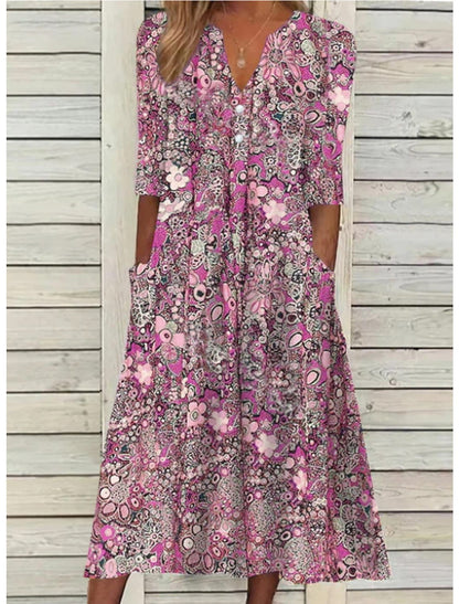 Vera Women’s Midi Dress featuring a stylish V-neck, 3/4 sleeves, and convenient side pockets, perfect for casual or semi-formal 2