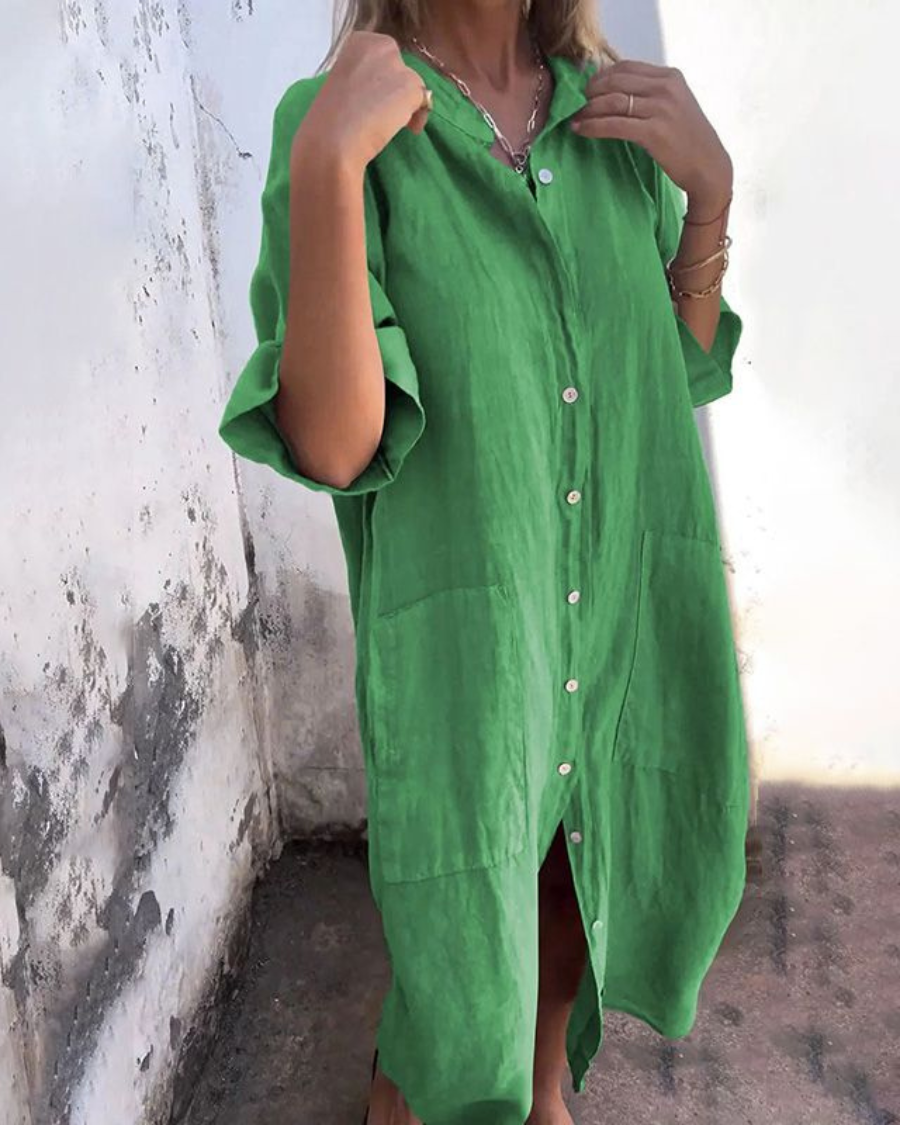 Vivid women’s summer dress featuring a relaxed fit and flowing drape, perfect for warm weather outings and casual gatherings. 3