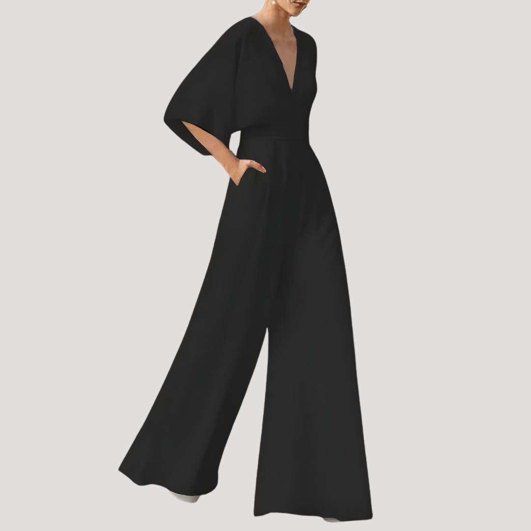 Wanda Women’s Jumpsuit featuring a stylish V-neck design and wide legs, perfect for casual outings or special occasions. 1