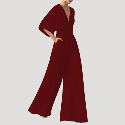 Wanda Women’s Jumpsuit featuring a stylish V-neck design and wide legs, perfect for casual outings or special occasions. 2