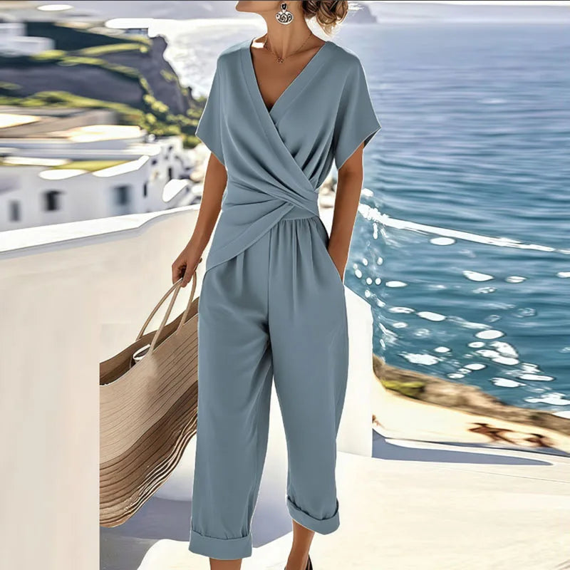Wava Women's Co Ord Set featuring a stylish V-Neck Wrap Top and comfortable Straight-Leg Pants, perfect for casual outings or relaxed gatherings. 1