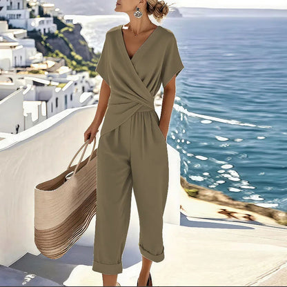 Wava Women's Co Ord Set featuring a stylish V-Neck Wrap Top and comfortable Straight-Leg Pants, perfect for casual outings or relaxed gatherings. 2