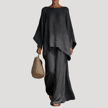 Wavy women’s co-ord set featuring a stylish relaxed cape style top and wide leg trousers, perfect for casual outings and comfortable wear. 3