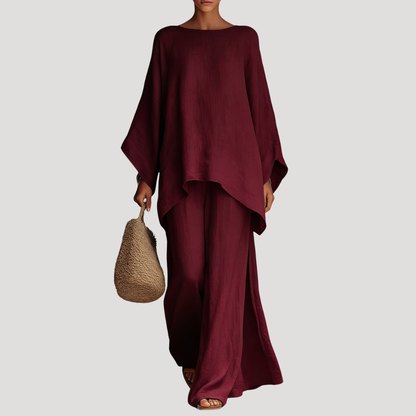 Wavy women’s co-ord set featuring a stylish relaxed cape style top and wide leg trousers, perfect for casual outings and comfortable wear. 4