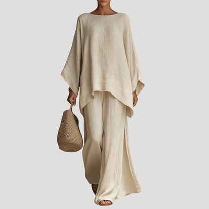 Wavy women’s co-ord set featuring a stylish relaxed cape style top and wide leg trousers, perfect for casual outings and comfortable wear. 5