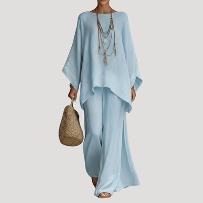 Wavy women’s co-ord set featuring a stylish relaxed cape style top and wide leg trousers, perfect for casual outings and comfortable wear. 6