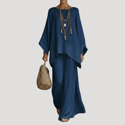 Wavy women’s co-ord set featuring a stylish relaxed cape style top and wide leg trousers, perfect for casual outings and comfortable wear. 7