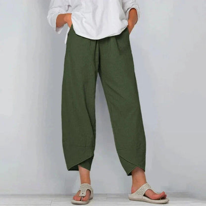 Wavy women’s pants featuring a wide leg cut and stylish angled hem detail, perfect for a chic and comfortable look. 2