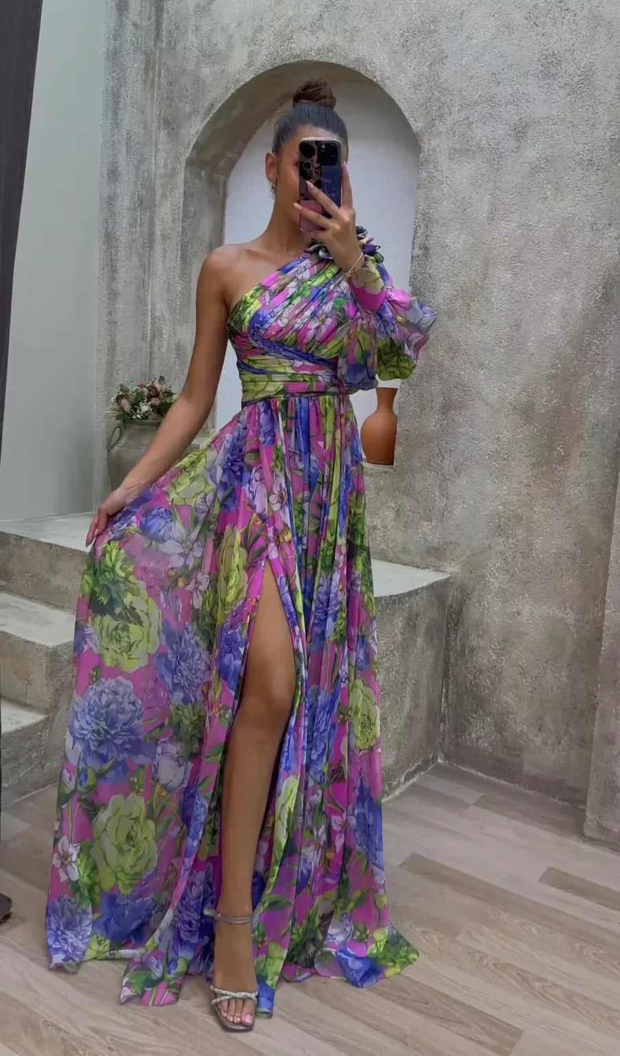 Whimsy Women’s Dress featuring a stylish one-shoulder design and a flowing skirt, perfect for summer outings and special occasions. 0