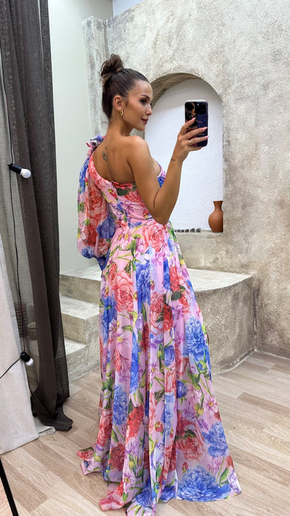Whimsy Women’s Dress featuring a stylish one-shoulder design and a flowing skirt, perfect for summer outings and special occasions. 1