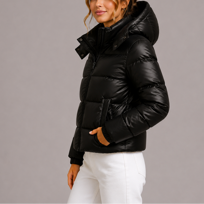 Willa Women's Hooded Puffer Jacket in a stylish design, featuring lightweight quilted insulation for warmth and comfort, perfect for cold weather outings. 2